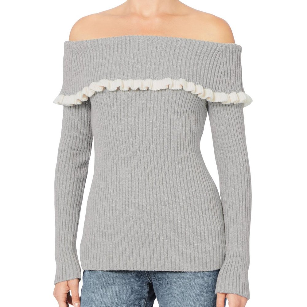 Intermix Gray Raylynn Ruffle Off Cold Shoulder Cocktail Sweater Top Pullover
